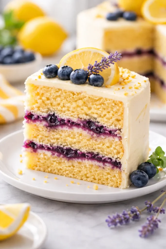 Lemon cake cross-section with blueberry filling and lavender garnish