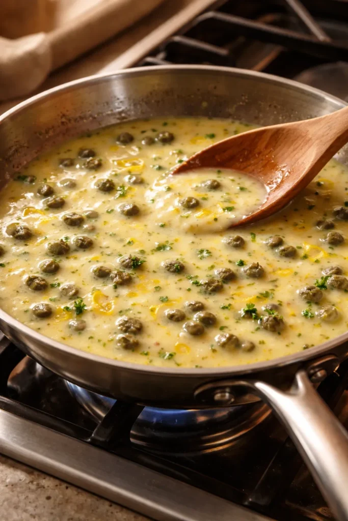 Silky lemon caper butter sauce in a skillet with capers