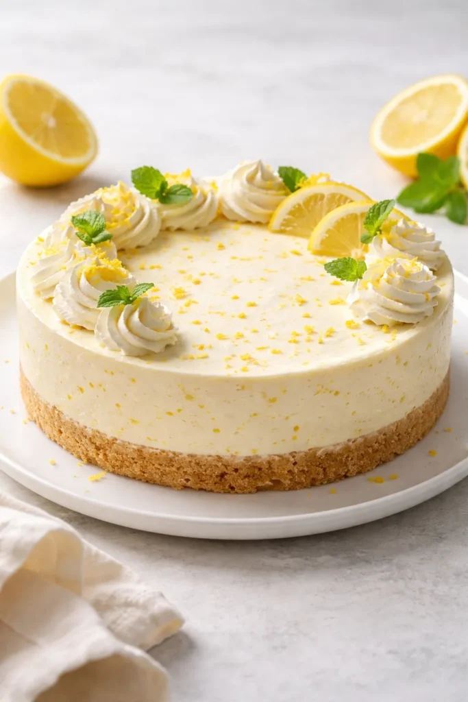 Lemon zest flecks in pale cheesecake on plate