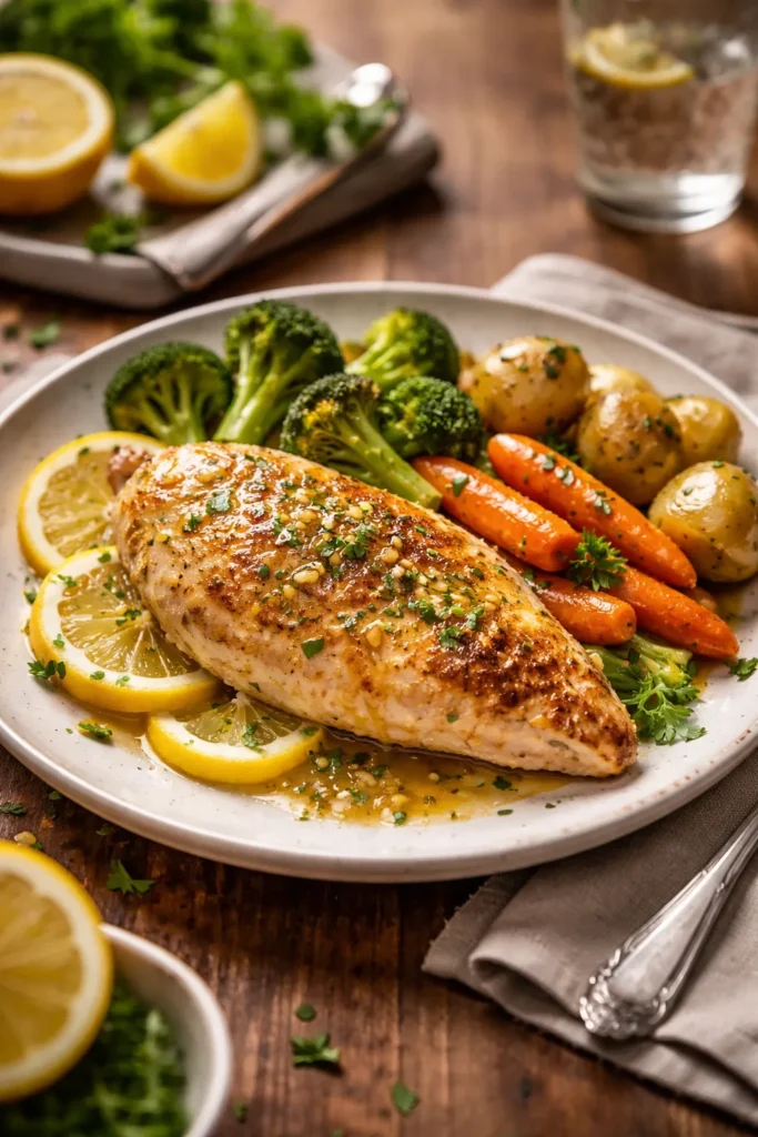 A finished plate of lemon chicken with fresh herbs and lemon wedges on a table