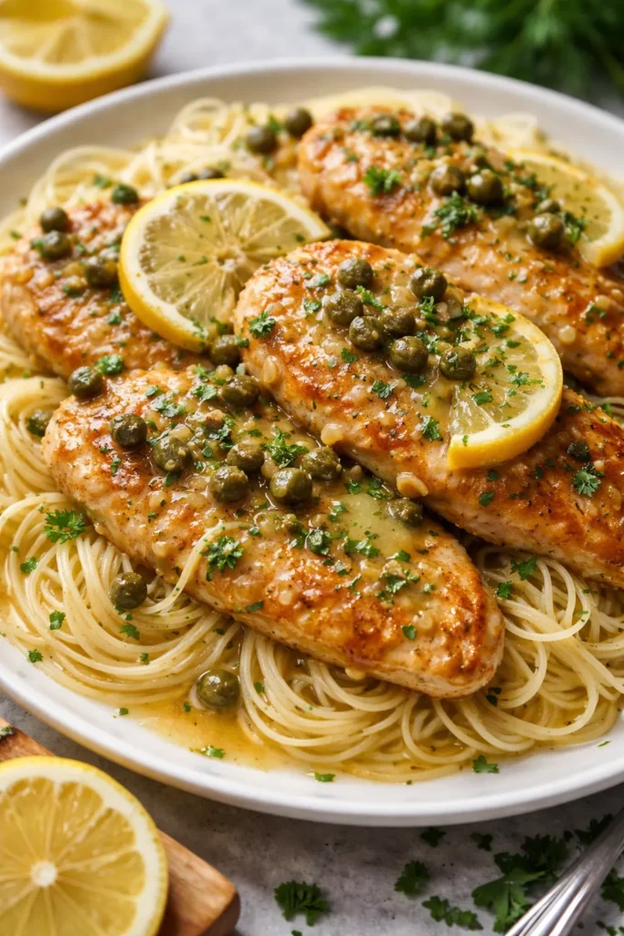 Lemon chicken piccata style with capers, butter sauce, and fresh parsley over pasta