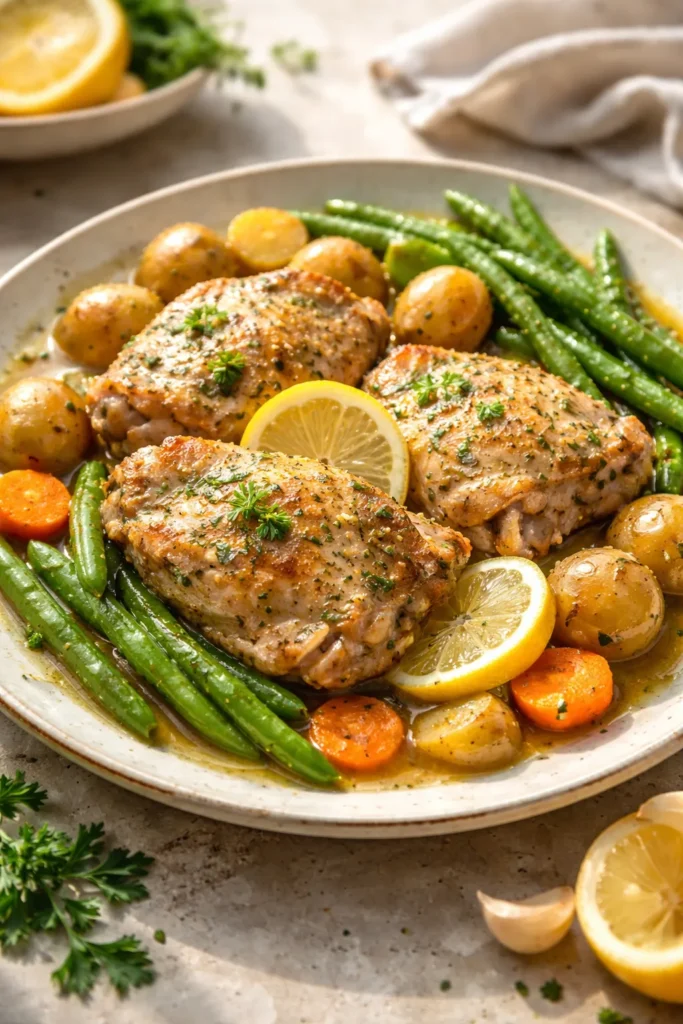 Lemon garlic chicken with potatoes and green beans on plate