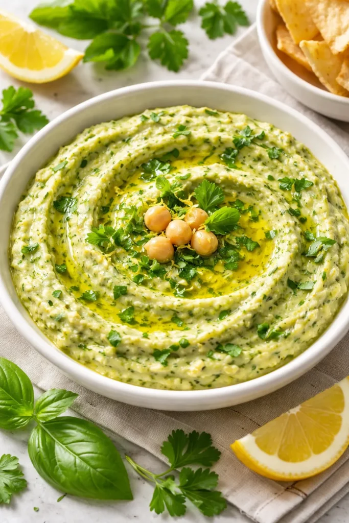 Lemon herb hummus with green herb flecks in a white bowl