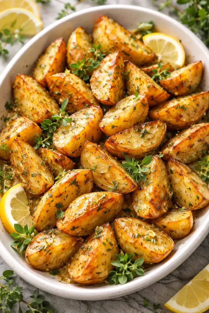 Crispy lemon herb roasted potatoes on plate