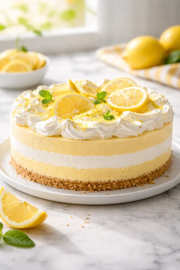 Lemon icebox cake with lemon-yellow layers in pan