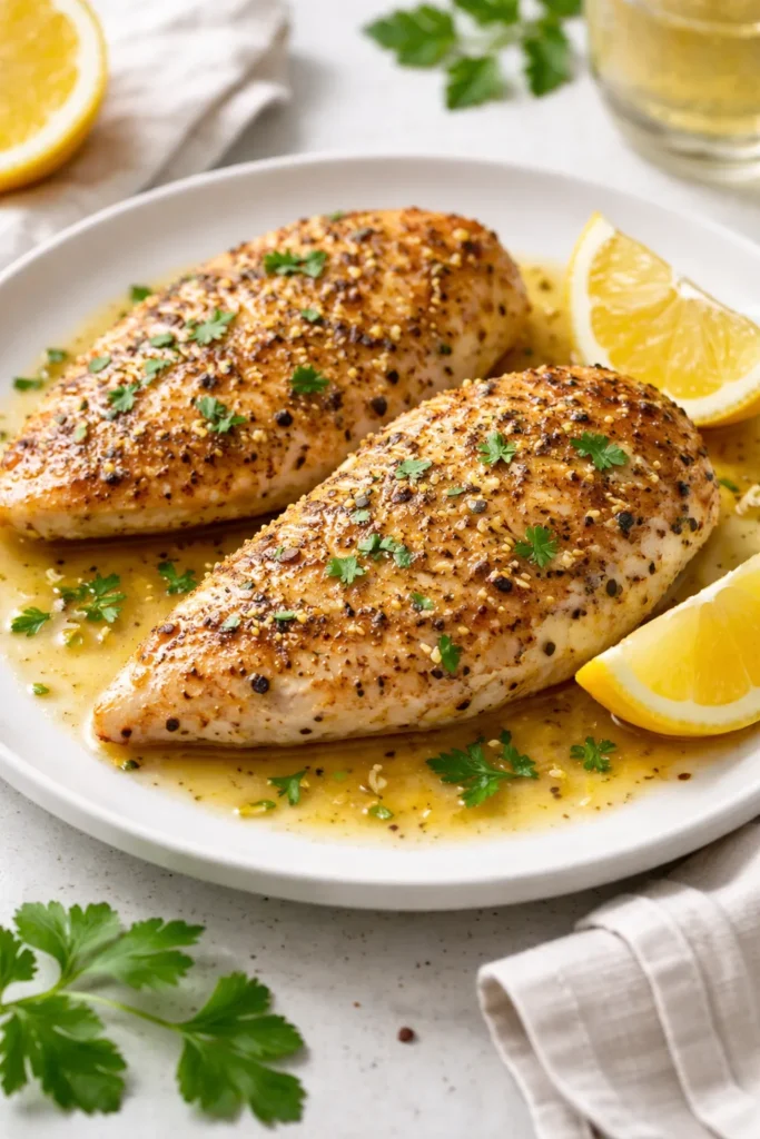 Lemon pepper chicken breasts seasoned with cracked black pepper and fresh lemon zest