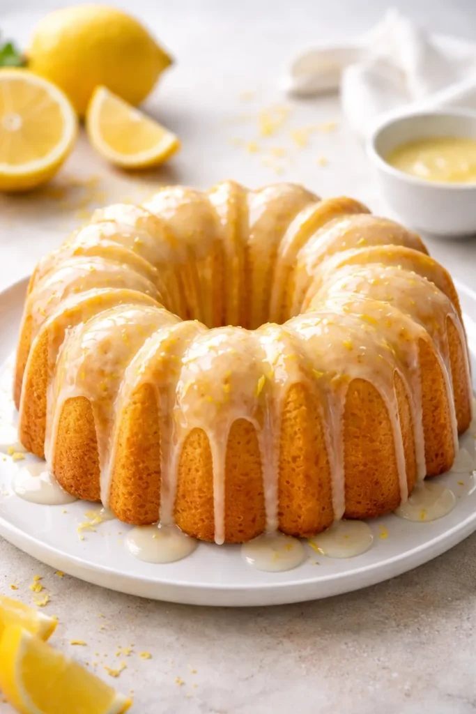 Lemon pound cake with bright glaze on white plate, zest visible