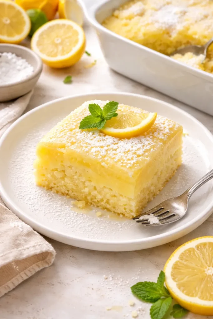 Two-layer lemon pudding cake on a plate