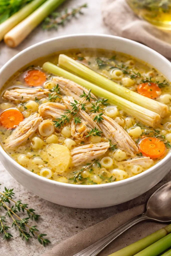 Steaming lemongrass chicken noodle soup with lemongrass, ginger, and small pasta in clear broth