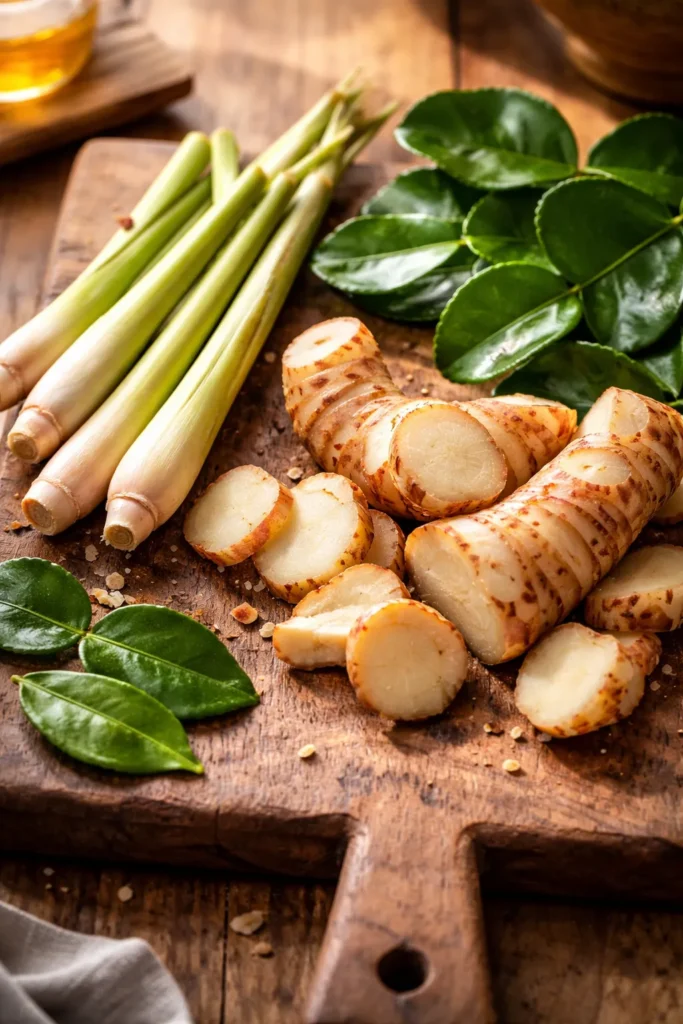 Close-up of lemongrass, galangal, and lime leaves on wood