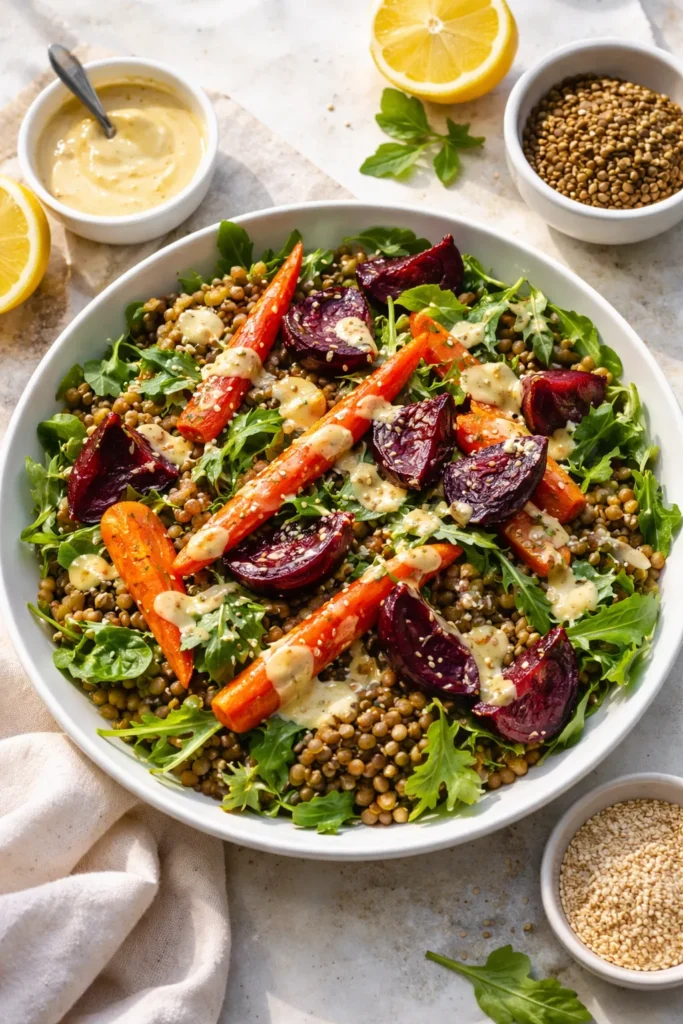 Lentil beet carrot salad with lemon tahini dressing