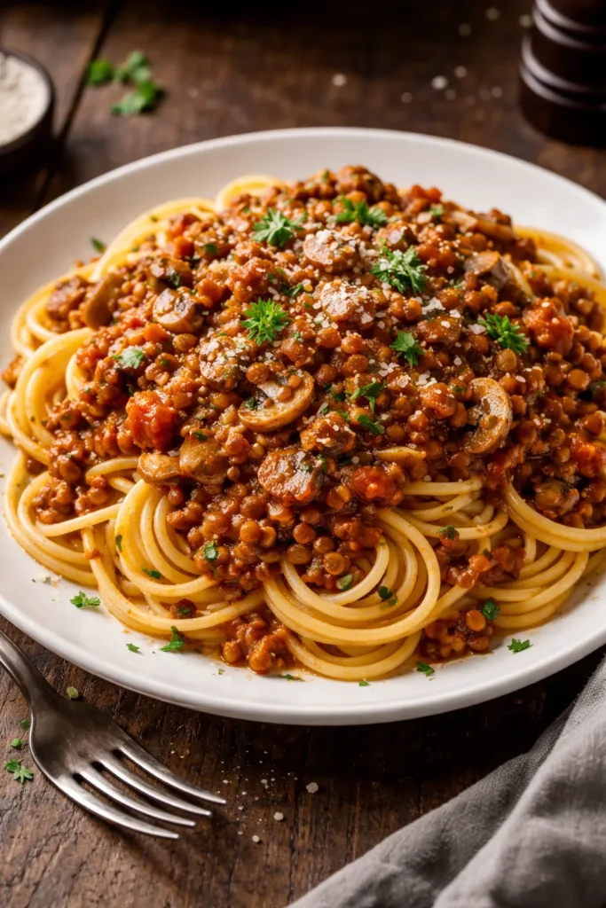 Plate of spaghetti with hearty red lentil bolognese and mushrooms