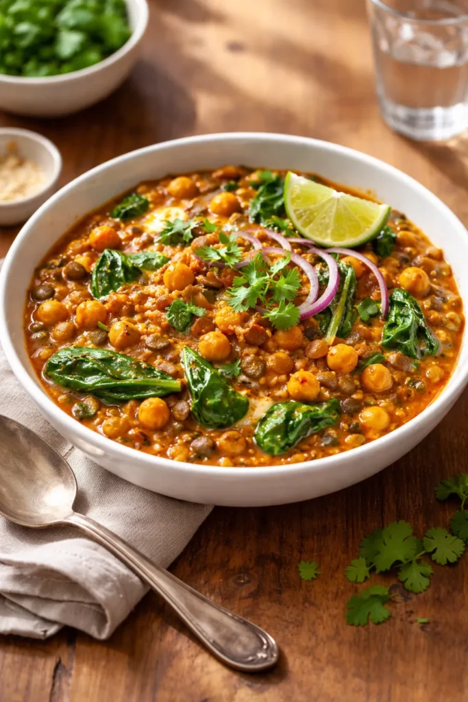 Close-up of a Spicy Indian-Inspired Lentil and Chickpea Bowl with tomato-yogurt sauce and greens