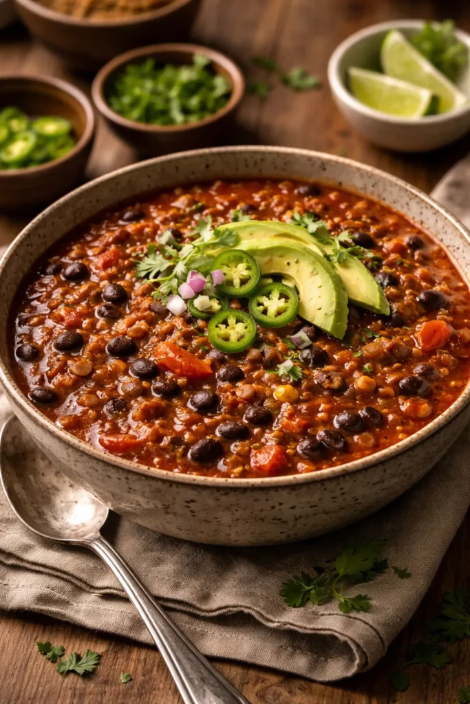 Hearty smoky lentil and black bean chili in a rustic bowl with visible beans and tomato base.