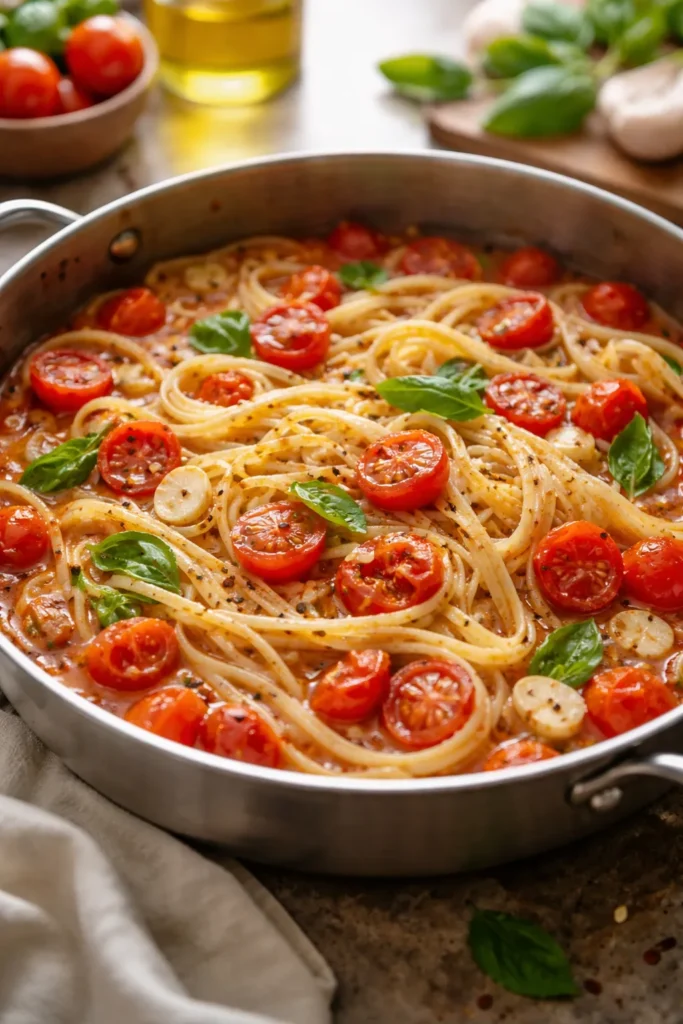 Linguine with tomatoes and garlic cooking in one-pot with visible sauce formation