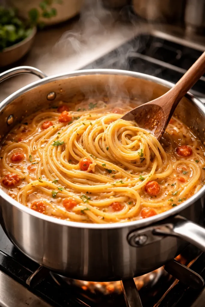 Pasta cooking in pot with glossy sauce demonstrating balanced liquid ratio, no text