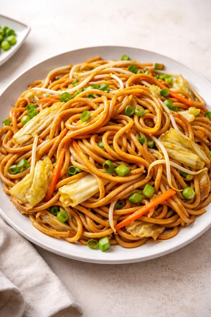 Lo mein noodles with vegetables in savory glaze
