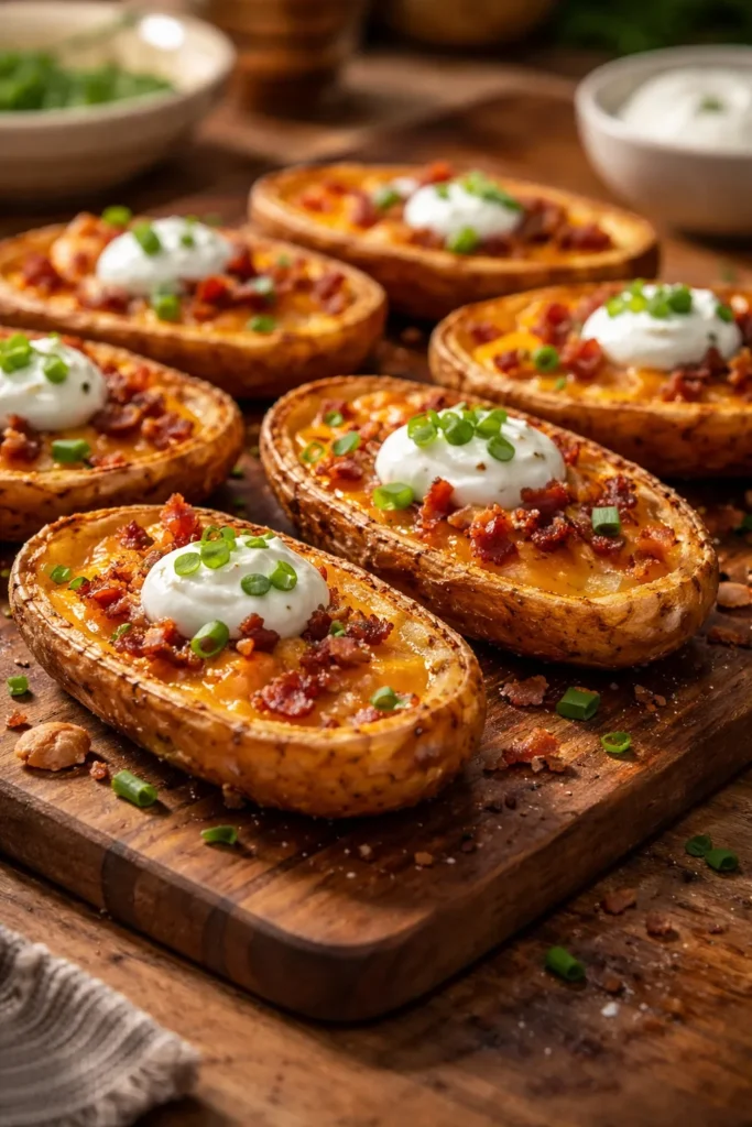 Close-up of crispy loaded potato skins with cheese and bacon on a wooden board