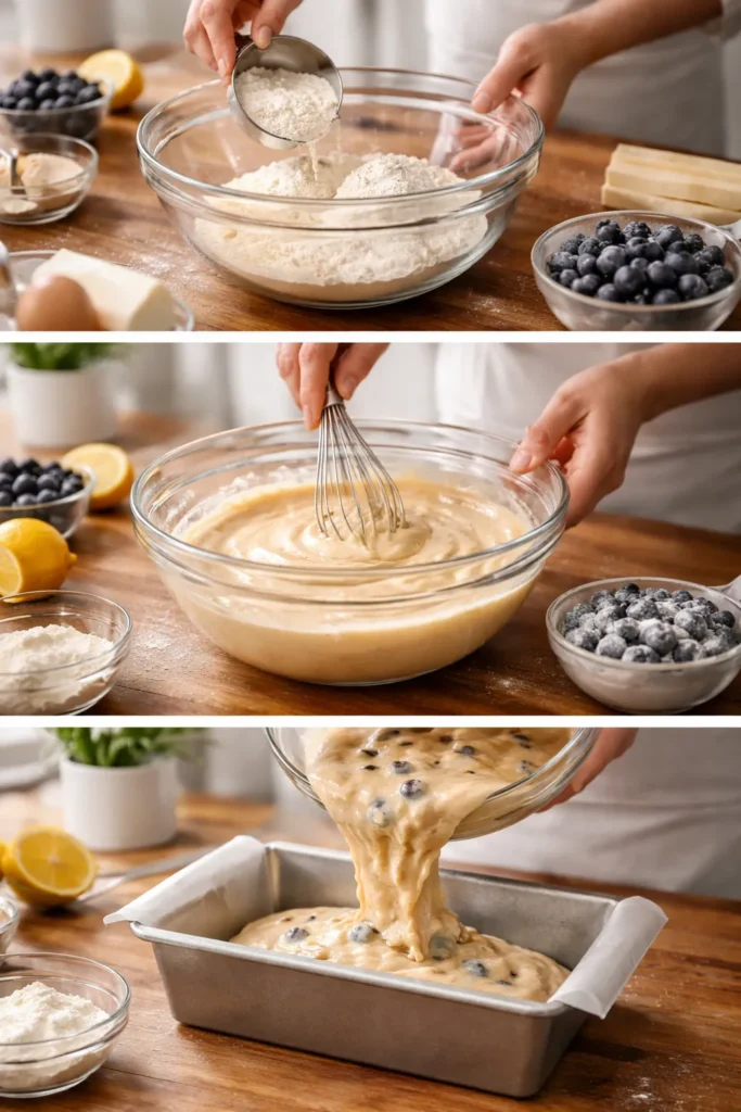Step-by-step loaf prep visuals showing measuring, whisking, and pouring batter in a modern kitchen