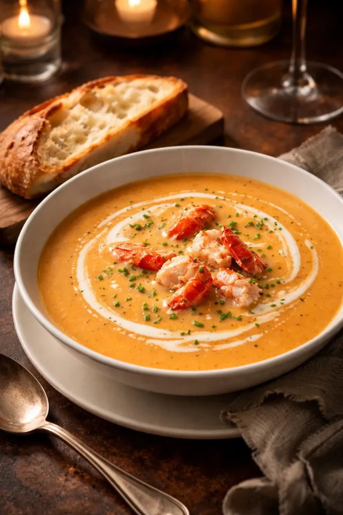 Bowl of lobster bisque with crusty bread nearby