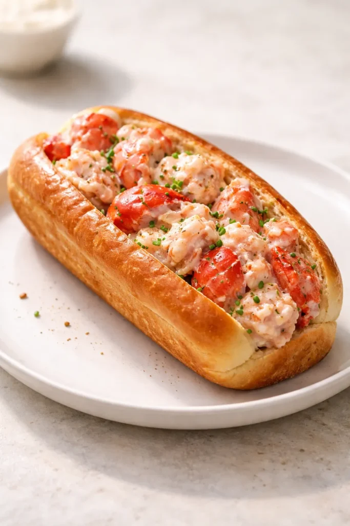 Butter-dressed lobster roll with chunky lobster meat in a bun