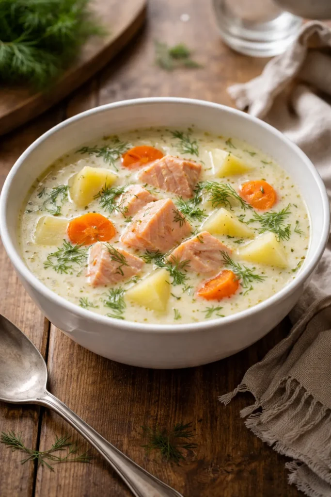 Creamy salmon soup with potatoes in a white bowl, dill garnish