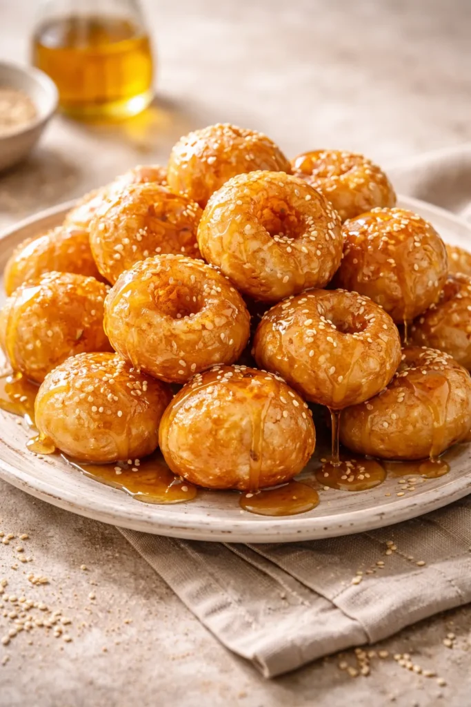 Golden loukoumades doughnuts with honey glaze on plate