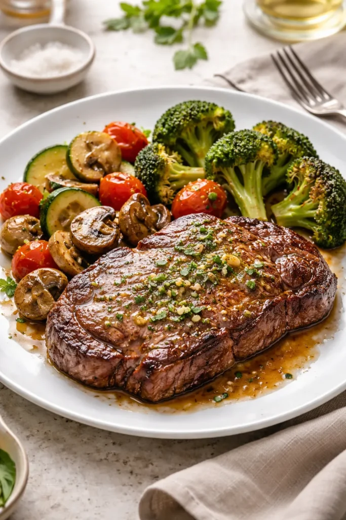 Close-up of a plated low-carb dinner: seared steak with butter sauce and vegetables on a clean plate