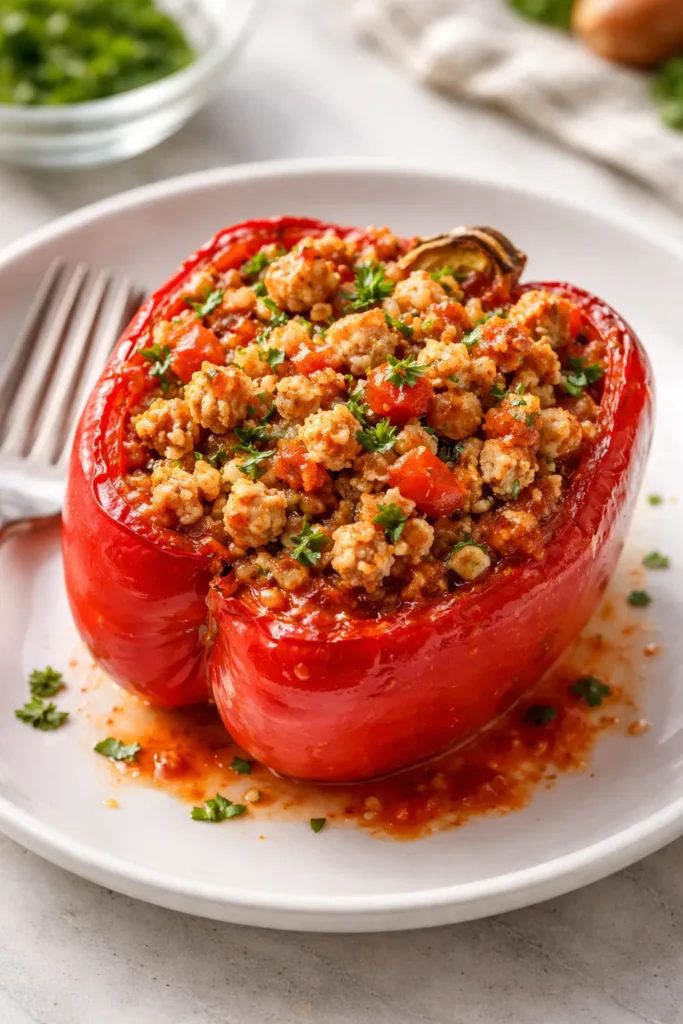 Pepper stuffed with chicken and cauliflower rice for a low-carb dinner