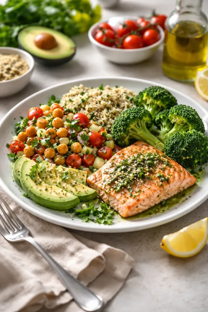 Plate showing a plant-forward dinner with legumes, grains, and vegetables