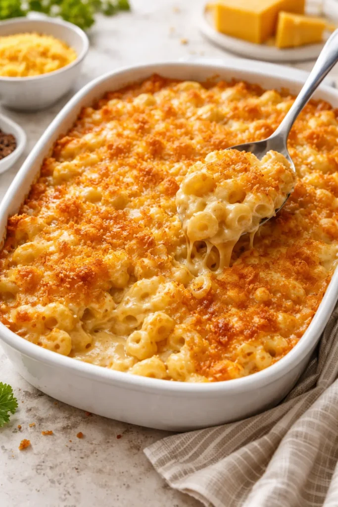 Baked macaroni and cheese with a bubbly golden crust