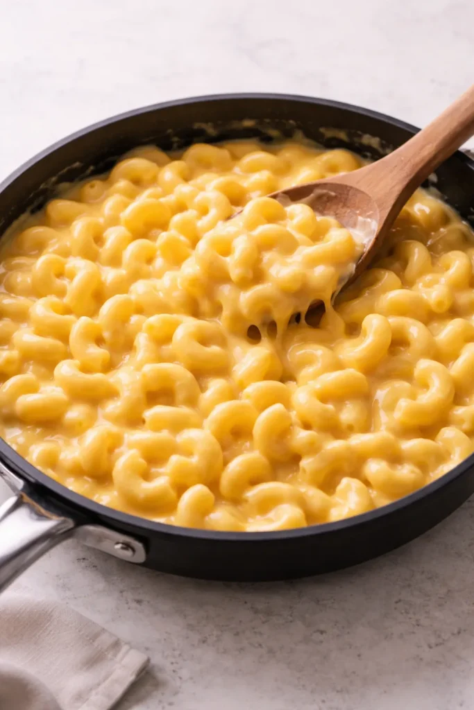 Velvety mac and cheese in a skillet with glossy cheddar sauce