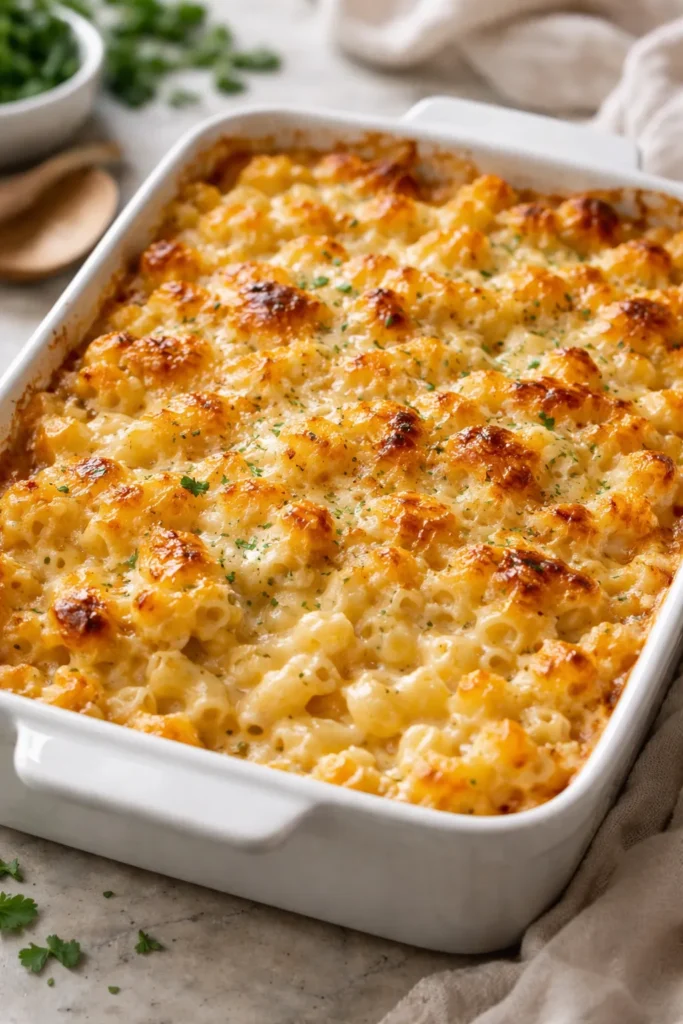 Creamy baked four-cheese macaroni and cheese with golden crust