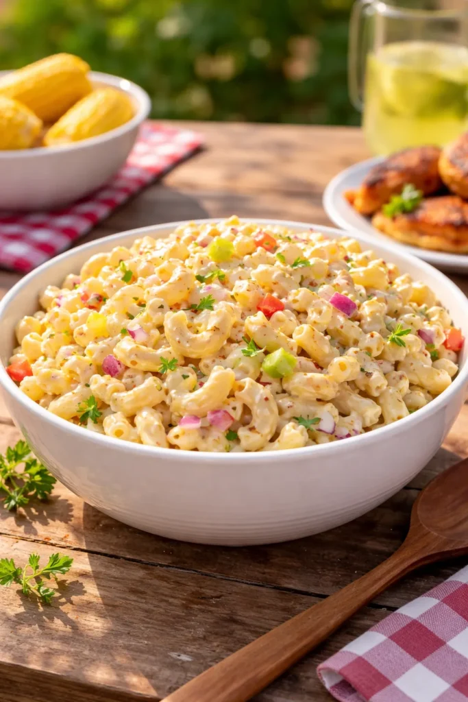 Creamy macaroni salad in white bowl with celery and red onion on picnic table