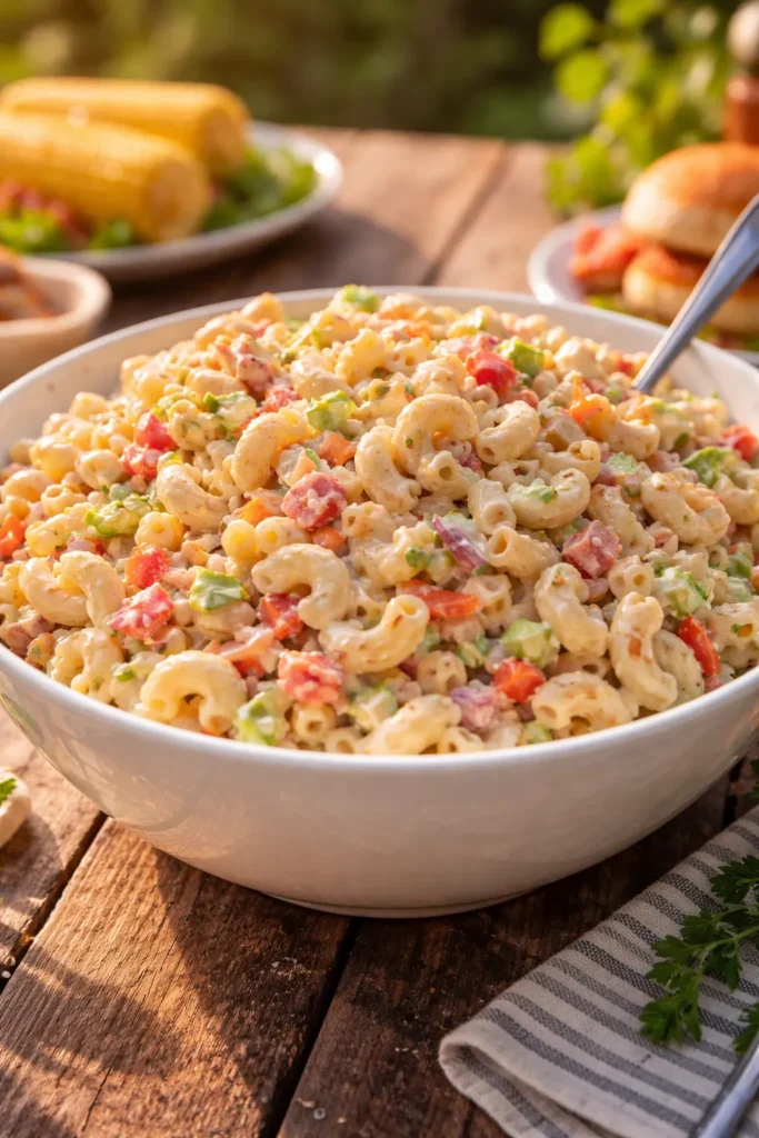 Close-up of creamy macaroni salad in a glossy bowl on a wooden table at a sunny cookout