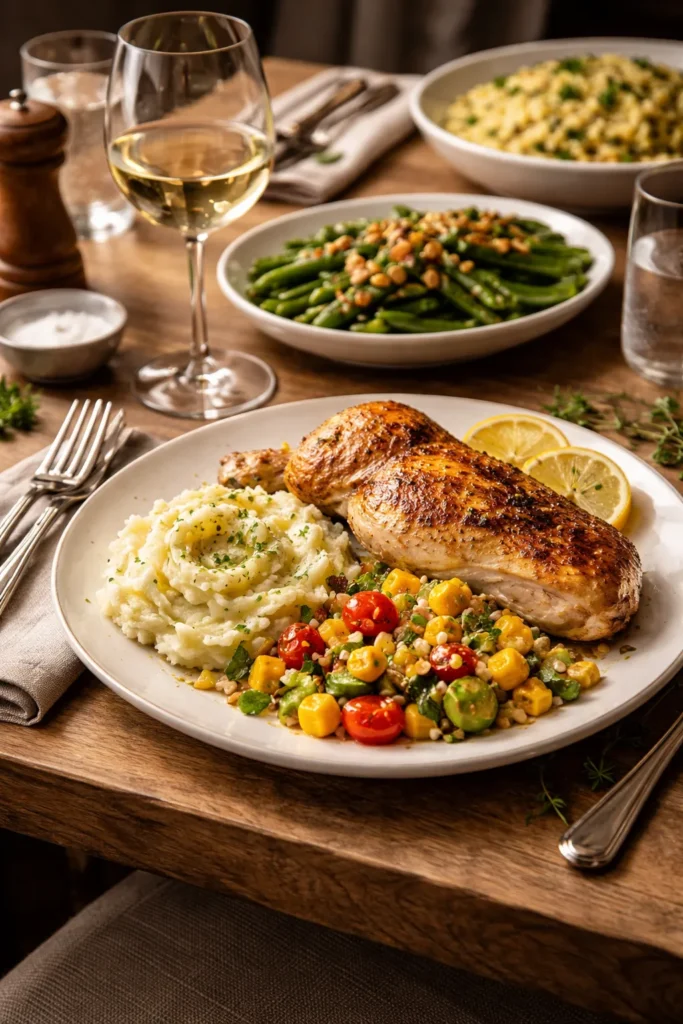 Table with main dish and side dishes arranged for pairing
