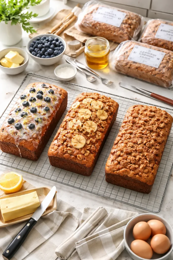 Three different loaves cooling on a rack, representing make-ahead baking weekend planning