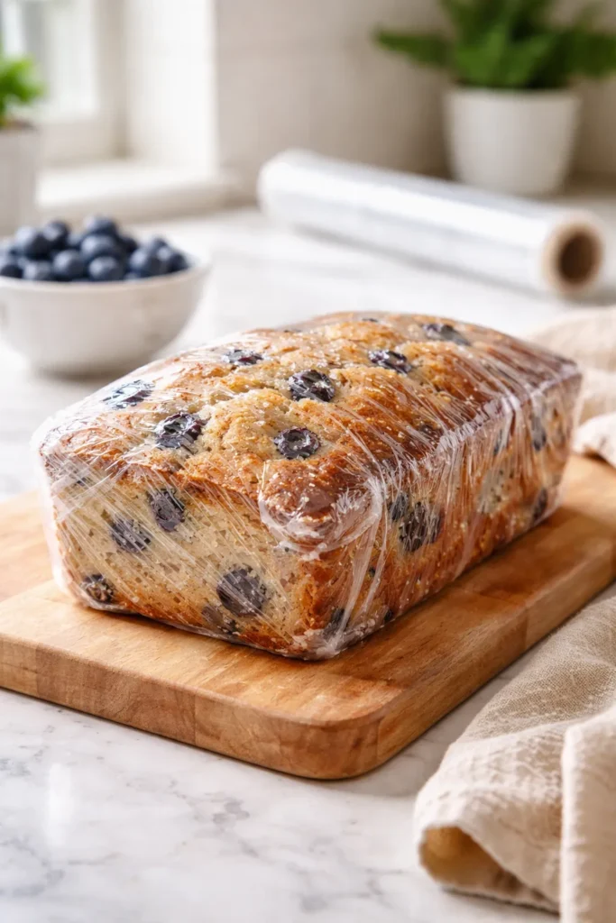 Blueberry muffin bread loaf wrapped for make-ahead storage on a kitchen counter