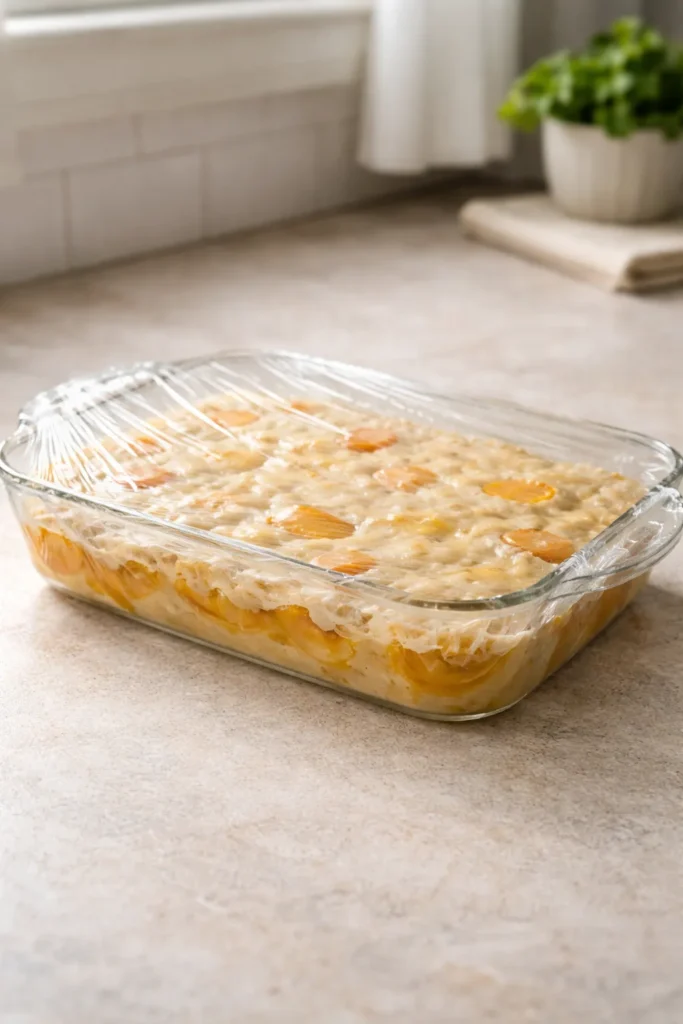 Covered assembly-ready cobbler in glass dish