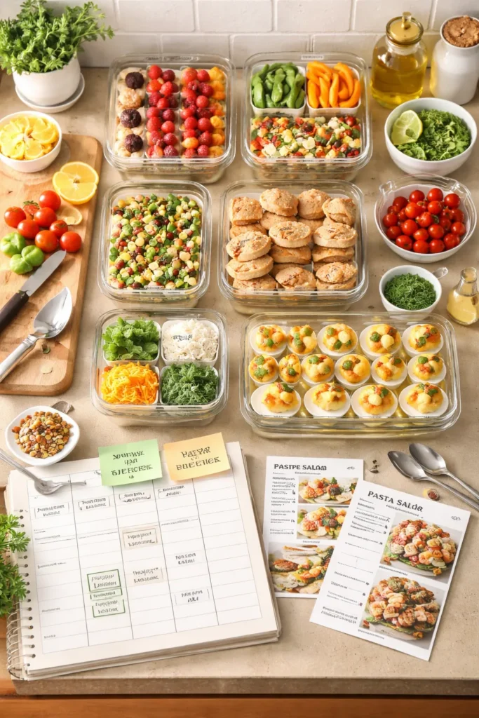 Organized kitchen prep area with labeled containers and recipe cards for make-ahead tips