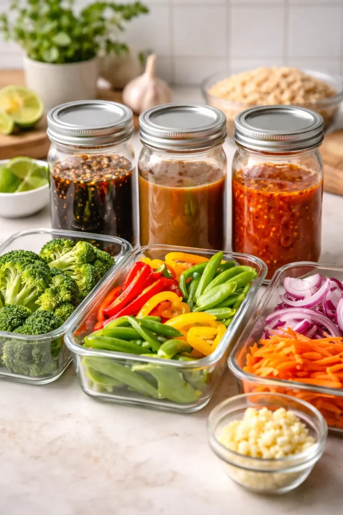 Close-up of glass mason jars with sauces and prepped vegetables on a clean counter