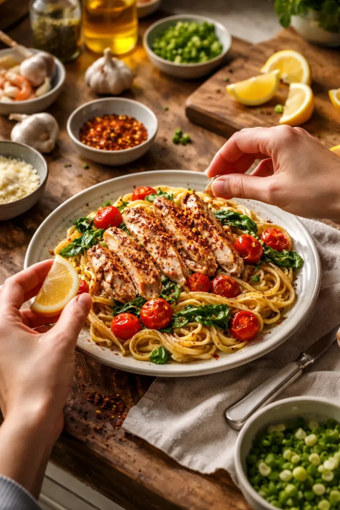 Hands garnishing a plated dish in a home kitchen