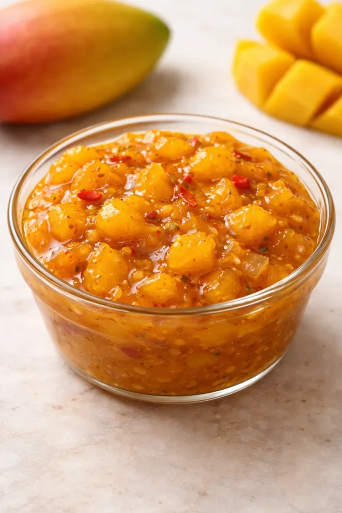 Bright mango chutney in a glass bowl with vivid orange color