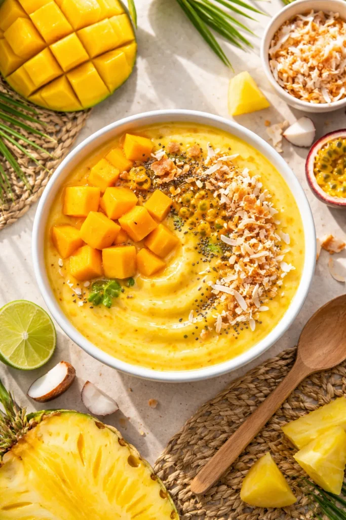 Bright yellow tropical mango protein bowl topped with fresh mango chunks and toasted coconut.