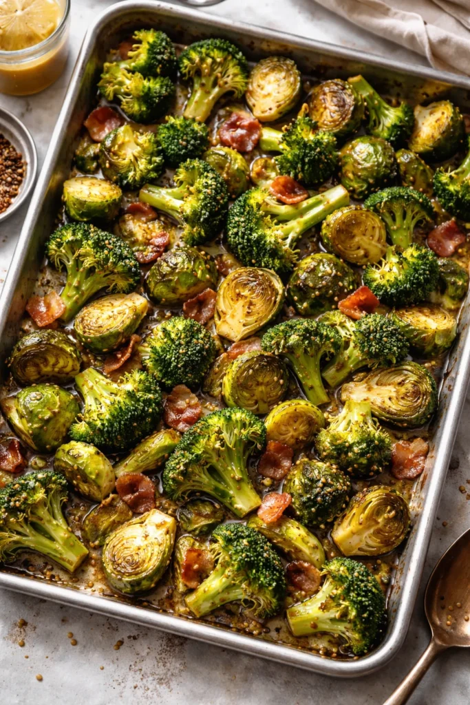 Roasted Brussels sprouts and broccoli with bacon and maple-Dijon glaze