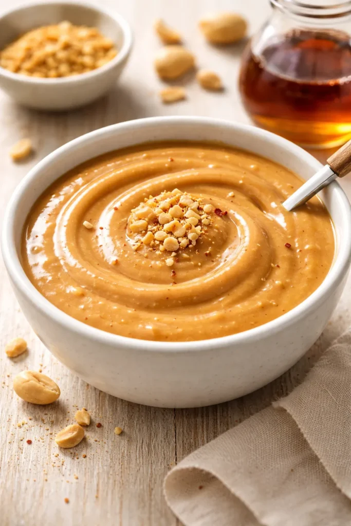 Creamy maple-miso peanut sauce in a white bowl with a glossy finish