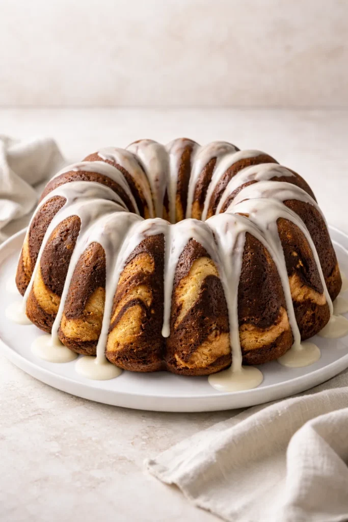 Marble Bundt cake with vanilla glaze on a neutral plate