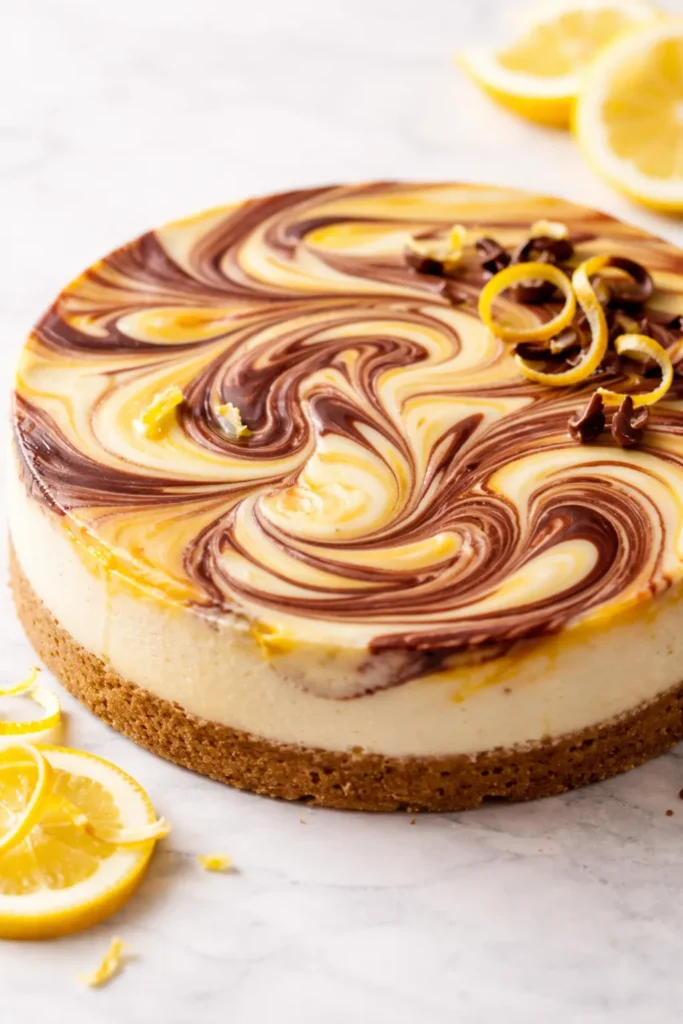 Marbled cheesecake with lemon and chocolate swirls