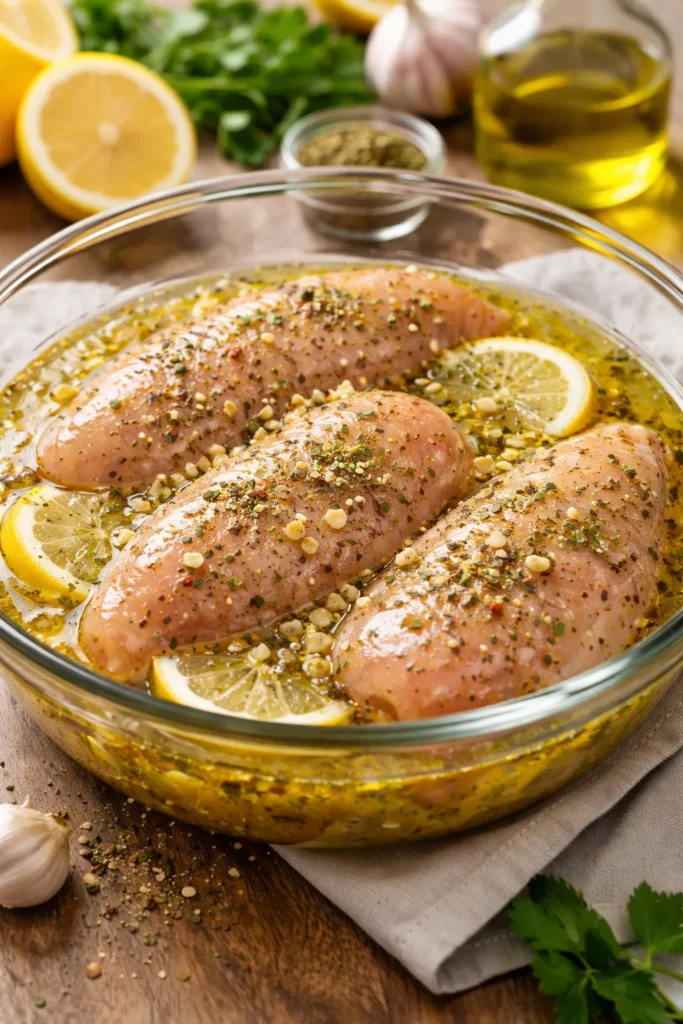 Raw marinated lemon chicken in a glass bowl with oil, herbs, and fresh garlic