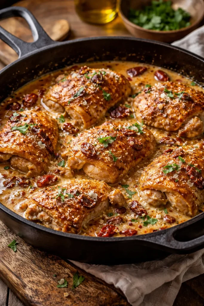 Skillet chicken with sun-dried tomato cream sauce and Parmesan